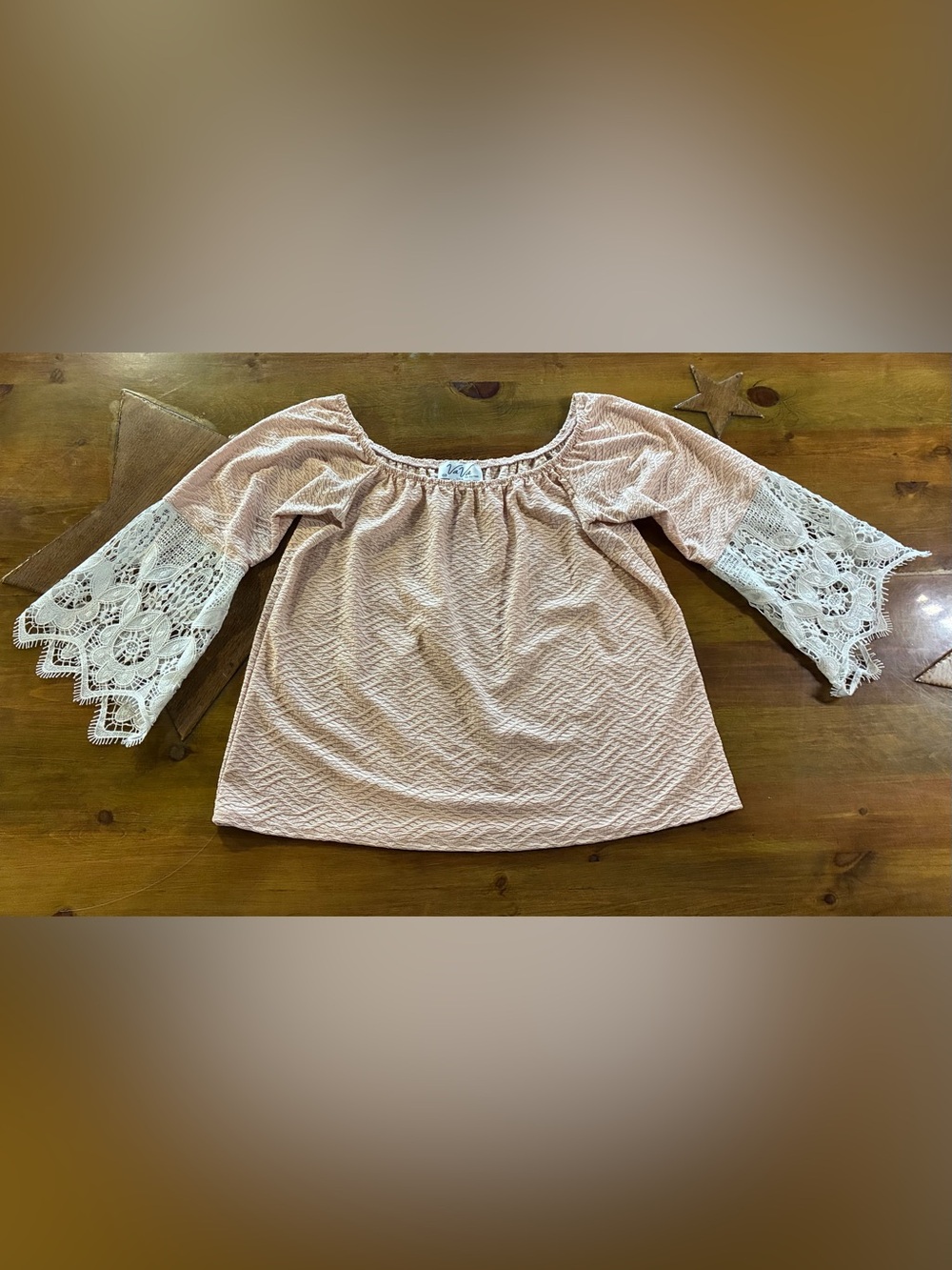 Peach Off-Shoulder Blouse with Lace Bell Sleeves
